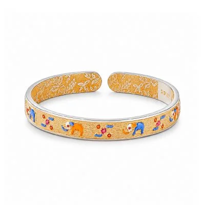 999 Pure Silver Enamel Open Cuff Bangle For Women