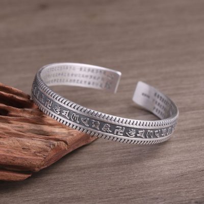 Sterling Silver Buddhist Heart Sutra Bangle for men, made of 999 sterling silver, weight about 38.5g