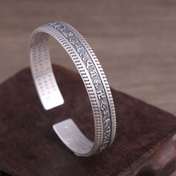 999 Sterling Silver Buddhist Heart Sutra Bangle for men, handmade, bangle width about 10mm, diameter about 63mm