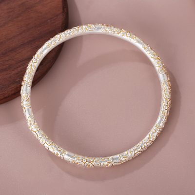 Cherry Blossoms Carved 999 Sterling Silver Bangles for women, made of 999 sterling silver, handmade
