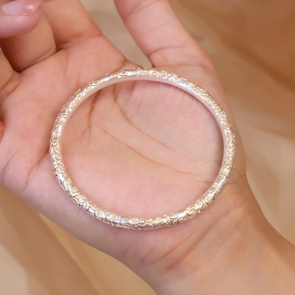 999 Sterling Silver Cherry Blossoms Carved Bangle detail view