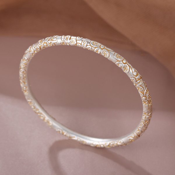 999 Sterling Silver Cherry Blossoms Carved Bangle left