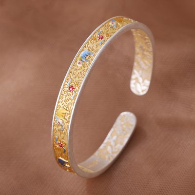 999 Sterling Silver Enamel Open Cuff Bangles Bracelet for women, made of 999 sterling silver, vintage enamel craftsmanship