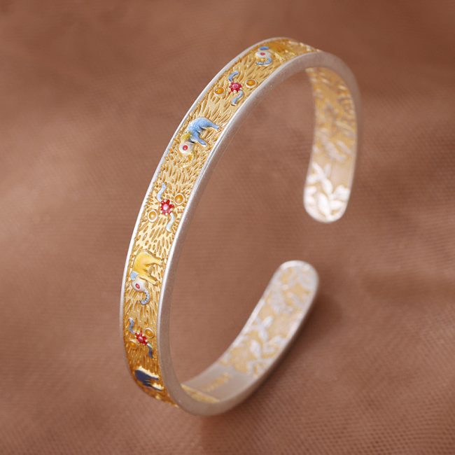 999 Sterling Silver Enamel Open Cuff Bangles Bracelet for women, made of 999 sterling silver, vintage enamel craftsmanship
