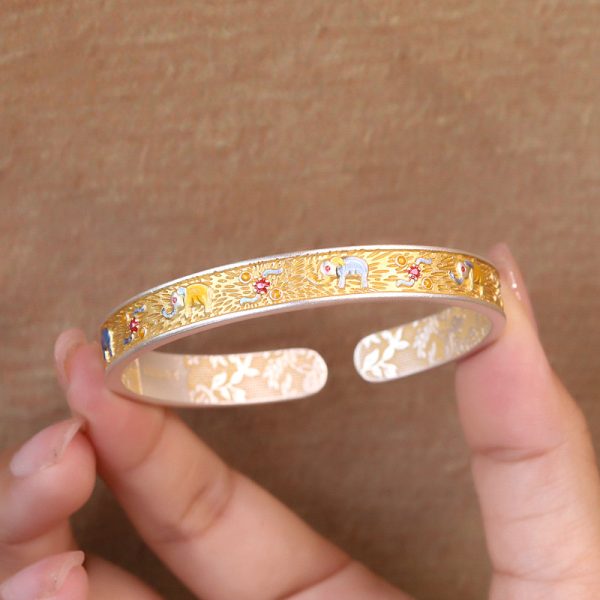 999 Sterling Silver Enamel Open Cuff Bangle for women
