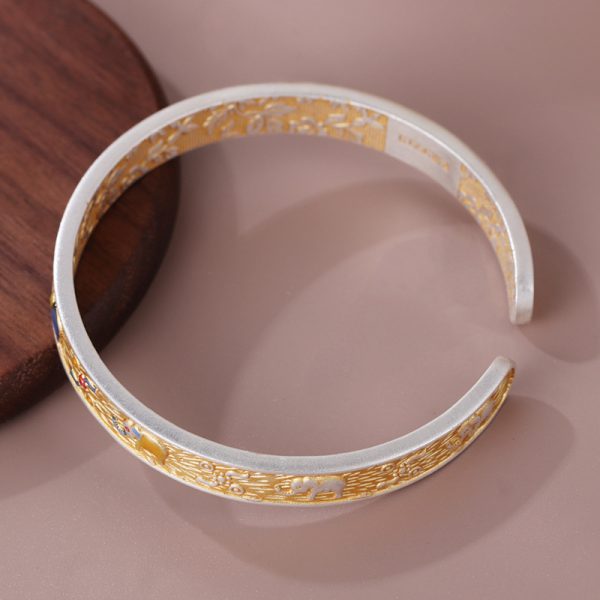 999 Sterling Silver Enamel Open Cuff Bangle Bracelet, weight about 32.5g