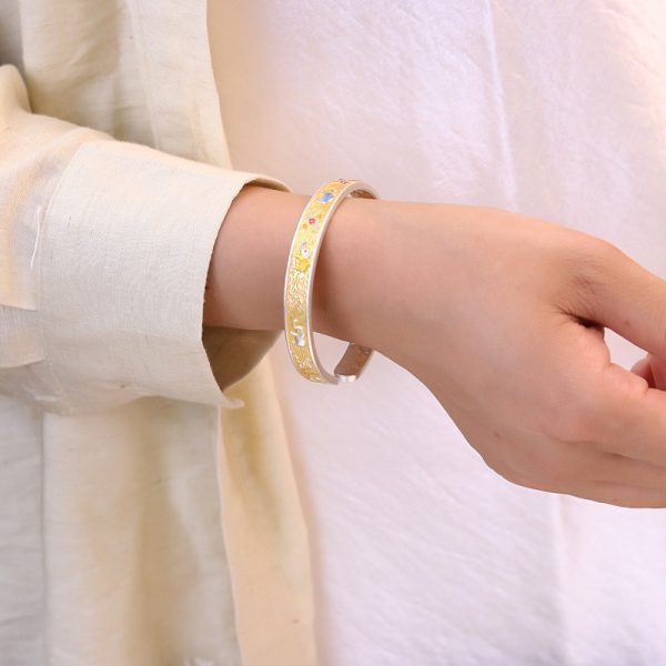 999 Sterling Silver Enamel Open Cuff Bangle Bracelet, women wear view
