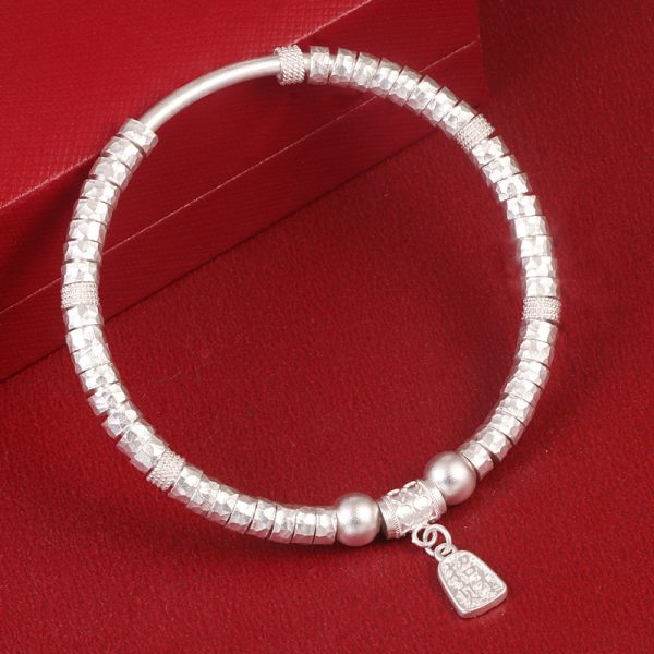 999 Sterling Silver Fashion Bangle Bracelet, Ancient frosting craftsmanship, personalized beads