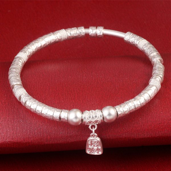 999 Sterling Silver Fashion Bangle Bracelet, Ancient frosting craftsmanship, personalized beads