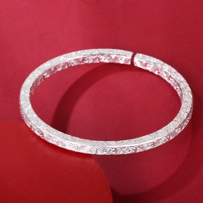 999 Sterling Silver Grass Pattern Bangle Bracelet for women, width about 4.5mm