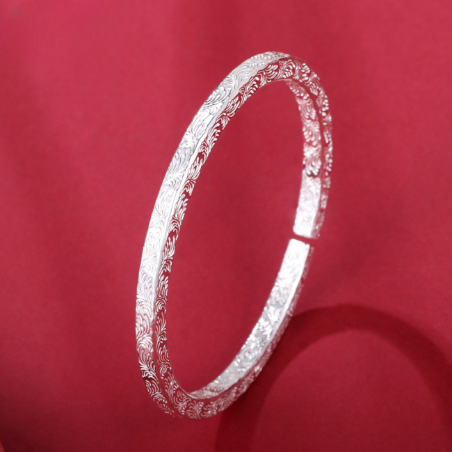 999 Sterling Silver Grass Pattern Bangle Bracelet for women, inner diameter about 57mm