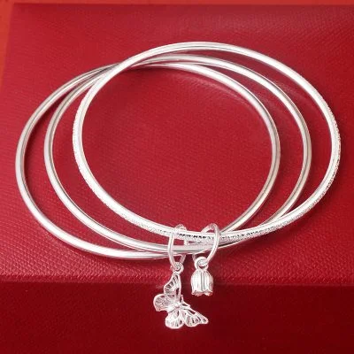 999 Sterling Silver Three Rings Bangle Bracelets for women, made of 999 sterling silver, three bangle design