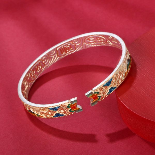 Vintage Enamel 999 Sterling Silver Bangle for women, Retro gilding process