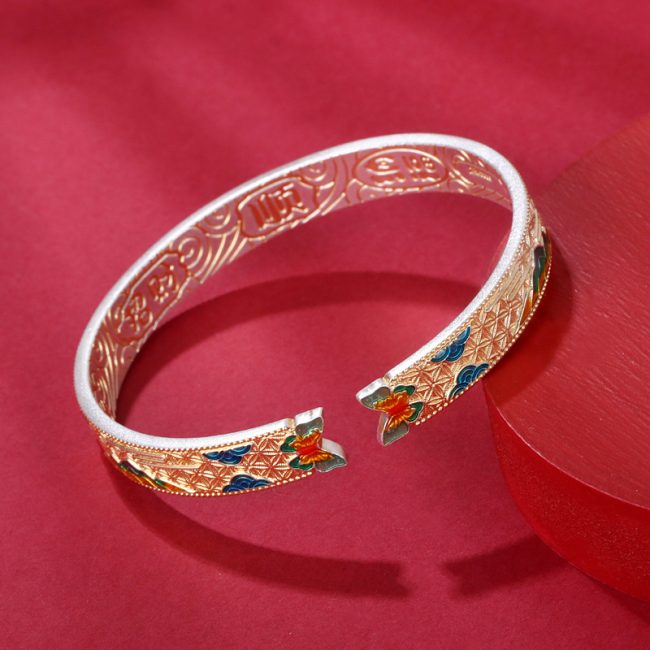 Vintage Enamel 999 Sterling Silver Bangle for women, Retro gilding process