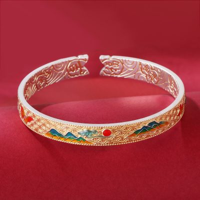 Vintage enamel 999 sterling silver bangles for women, made of 999 sterling silver, handmade, Retro Craftsmanship