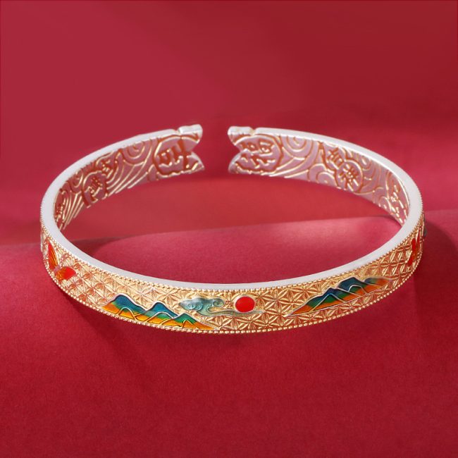 Vintage enamel 999 sterling silver bangles for women, made of 999 sterling silver, handmade, Retro Craftsmanship