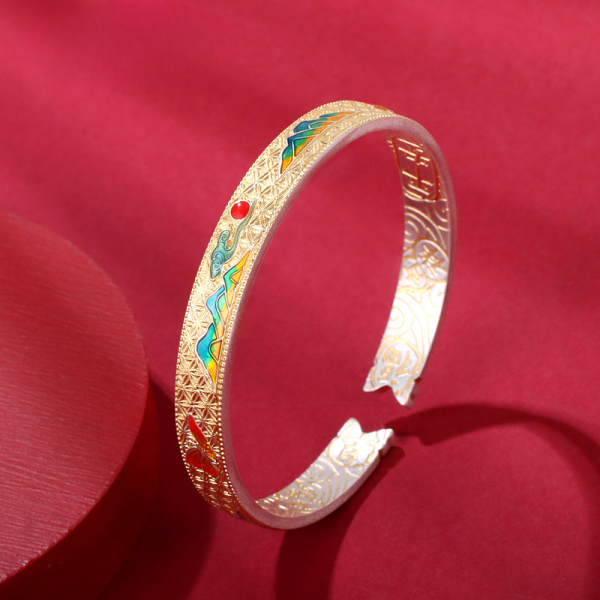 Vintage Enamel 999 Sterling Silver Bangle for women, Retro gilding process