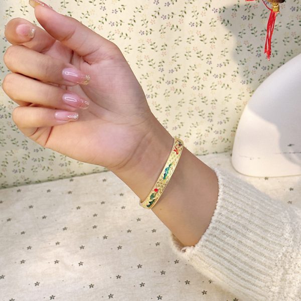 999 Sterling Silver Vintage Enamel Bangle Bracelet, adjustable size open cuff bangle