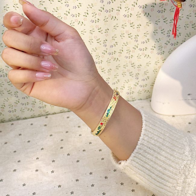 999 Sterling Silver Vintage Enamel Bangle Bracelet, adjustable size open cuff bangle