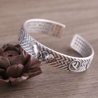 999 Sterling Silver Woven Texture Open Cuff Bangle for men, made of 999 sterling silver, Chinese vintage style