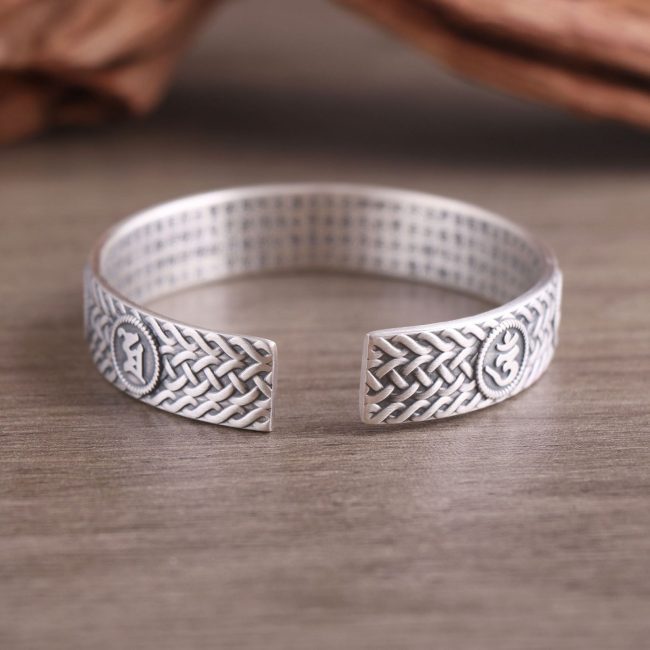Woven Texture Sterling Silver Open Cuff Bangle, inner view, Engraved details on the inside