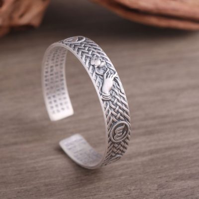 Woven Texture Open Cuff Sterling Silver Bangle for men, handmade, weight about 41g, wide about 12mm, inner diameter 57mm