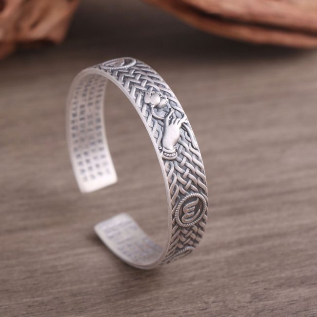 Woven Texture Open Cuff Sterling Silver Bangle for men, handmade, weight about 41g, wide about 12mm, inner diameter 57mm