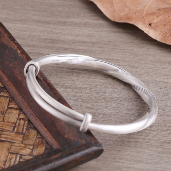 Adjustable Sterling Silver Retro Twisted Bangle for women, made 999 sterling silver, weight about 27g