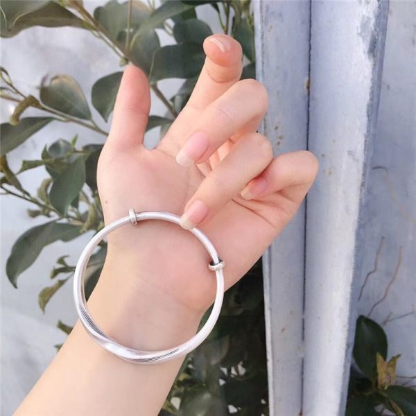 Adjustable Sterling Silver Retro Twisted Bangle Bracelet wrist detail view
