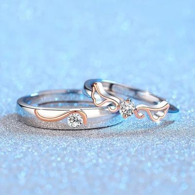 Engravable Angel Wings Couple Wedding Ring In Silver, made of 925 sterling silver and moissanite, can be customized engraving characters, no more than 8 characters
