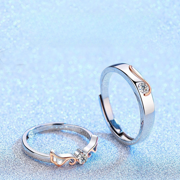 Engravable Angel Wings Couple Wedding Ring In Silver, detail view image, setting moissanite