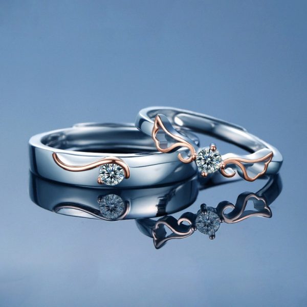 Engravable Angel Wings Wedding Couple Ring In Silver