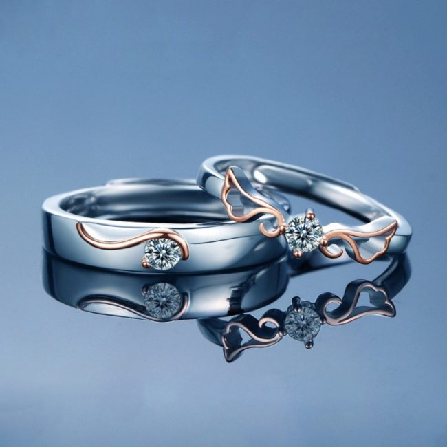 Engravable Angel Wings Wedding Couple Ring In Silver