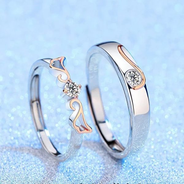 Engravable Angel Wings Couple Wedding Ring In Silver, diamond wedding ring
