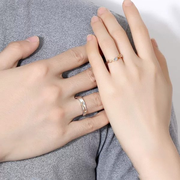 Engravable Angel Wings Couple Wedding Ring In Silver, wear view image, adjustable size open ring,