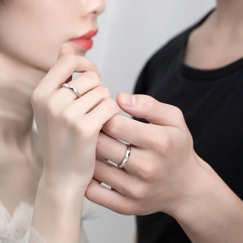 Engravable Geometric Silver Couples Ring, adjustable open ring, women ring weight about 1.6g, men ring weight about 1.3g