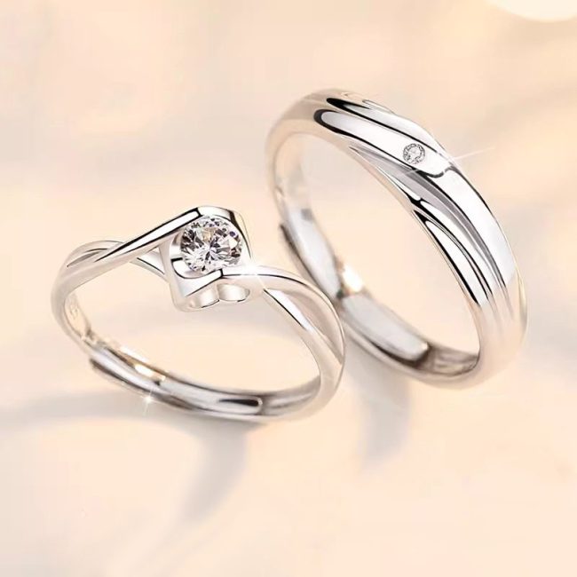 Engravable Moissanite Wedding Couple Rings In Silver, left view image