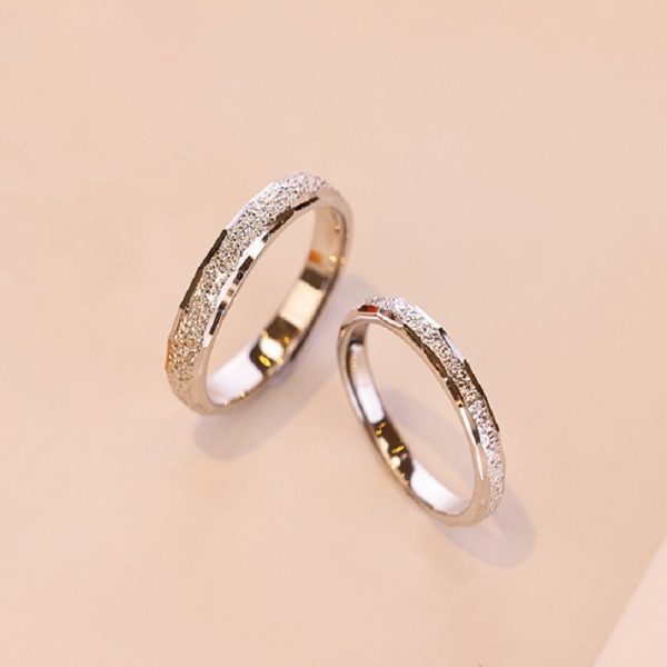 Engravable Nailing Sand Couple Ring Silver, front view, mens ring weight about 2.3g, womens ring weight about 1.7g