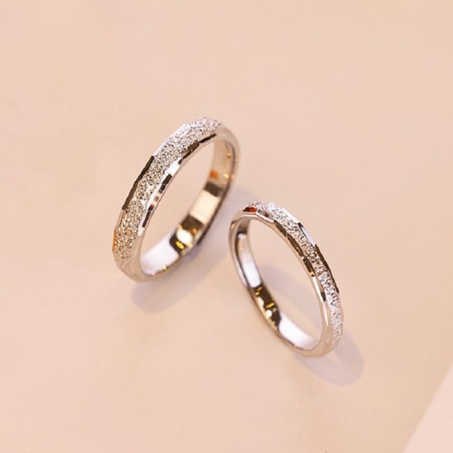 Engravable Nailing Sand Couple Ring Silver, front view, mens ring weight about 2.3g, womens ring weight about 1.7g