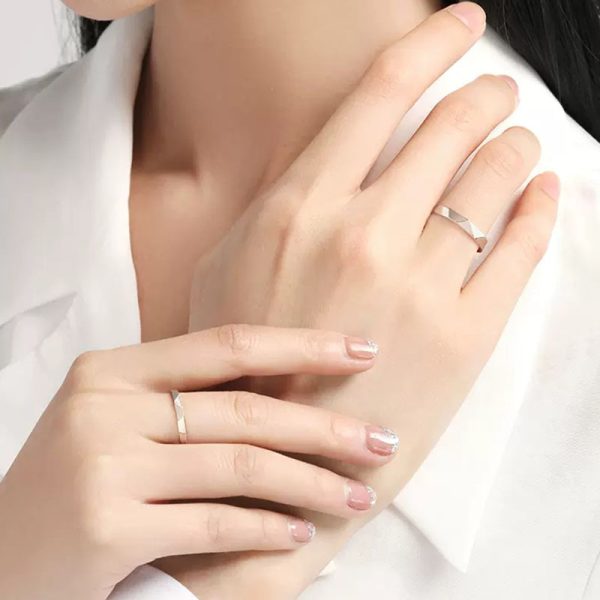 Engravable Simple Geometric Silver Couple Ring, adjustable size open ring,