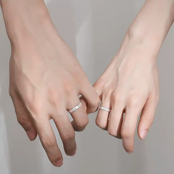 Engravable Simple Couple Rings in Silver , wear view image, adjustable size open ring