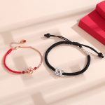 Four-Leaf Clover Heart Knot Couple Silver Bracelets, made of 925 sterling silver and woven rope, Handmade sterling silver four-leaf clover heart knot