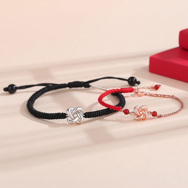 Four-Leaf Clover Heart Knot Silver Bracelets for couples, front detail view