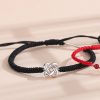 Four-Leaf Clover Heart Knot Couple Silver Bracelets for women, black woven rope and silver heart knot