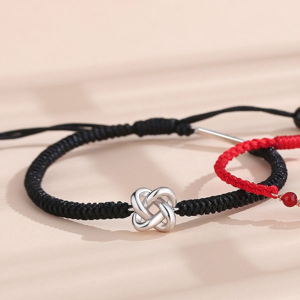 Four-Leaf Clover Heart Knot Couple Silver Bracelets for women, black woven rope and silver heart knot