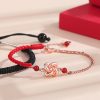 Four-Leaf Clover Heart Knot Couple Silver Bracelets for women, red woven rope and rose gold heart knot