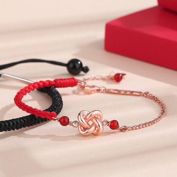 Four-Leaf Clover Heart Knot Couple Silver Bracelets for women, red woven rope and rose gold heart knot