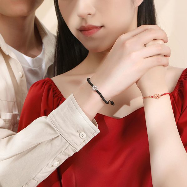 Four-Leaf Clover Heart Knot Silver Couple Bracelets, couple wear bracelet view, It means that couples will always be together and never leave each other.