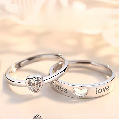 Love You With All My Heart Couple Rings In Silver, made 925 sterling silver and moissanite, custom characters can be engraved on the inside, up to 8 characters
