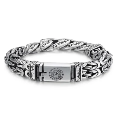 Massive 925 sterling silver bracelet with a heavy oxidized finish for a rugged, aged appearance.